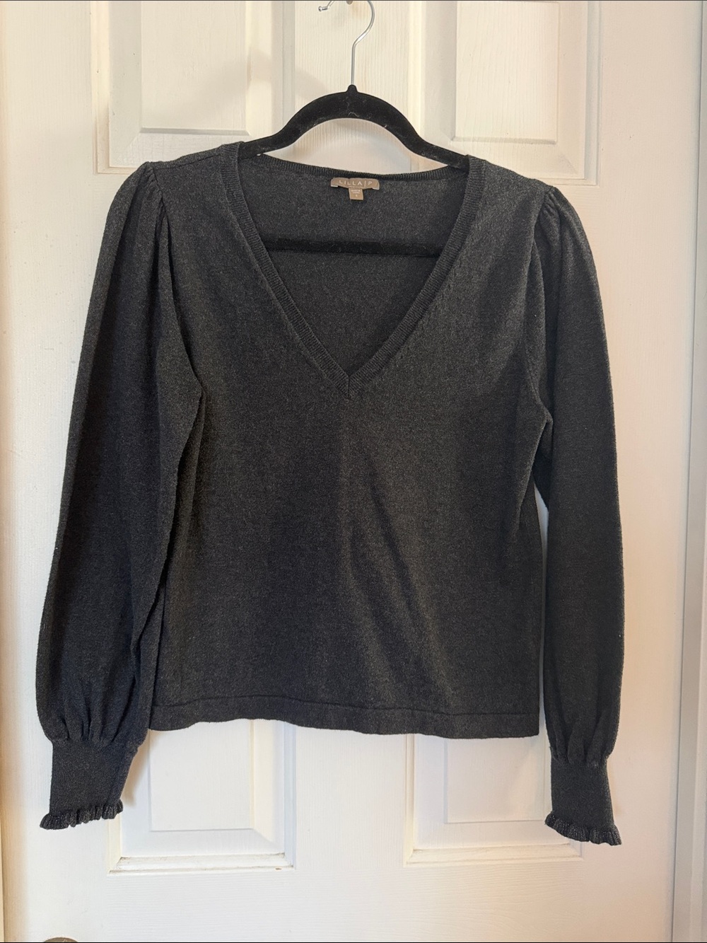 Lilla P Charcoal Crewneck Knit Sweater cotton cashmere puff sleeve XS